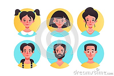 Female and male avatars icons set Cartoon Illustration
