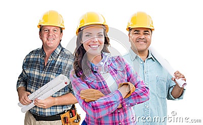 Female and Male Contractors In Hard Hats Isolated on White Background Stock Photo