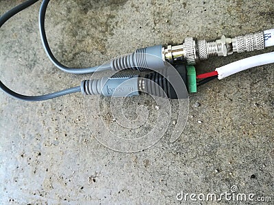Female and male DC CCTV Security camera adaptor and connector. Stock Photo