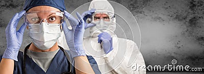 Female and Male Doctors or Nurses Wearing Scrubs and Protective Mask and Goggles Banner Stock Photo