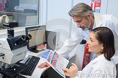 Female and male eye doctor sitting with ophthalmologic device Stock Photo