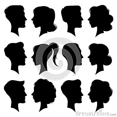 Female and Male faces silhouettes in vintage cameo style. Retro woman and man face profile portrait silhouette. People Vector Illustration