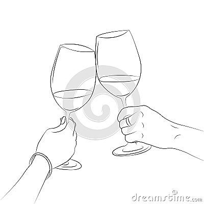 Female and male hand hold glasses clinking. The concept of celebration, happiness and fun. For design, banquets, weddings Vector Illustration