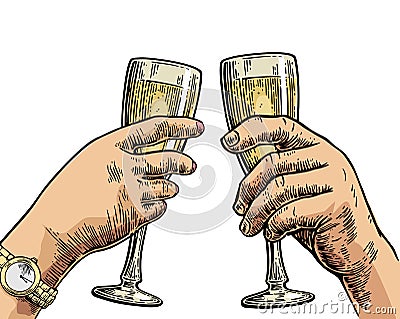 Female and male hands holding and clinking with two glasses champagne. Vector Illustration