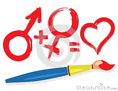 Female male heart symbols and paintbrush Vector Illustration