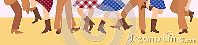 Female and male legs in cowboy boots are knitted on a flat floor in a flat style. Vector illustration for a horizontal banner with Vector Illustration