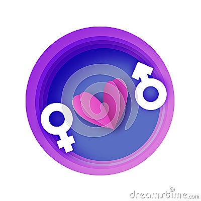 Female and male sex paper cut style, White Venus and Mars signs on layered circle background. Love pink heart Vector Illustration