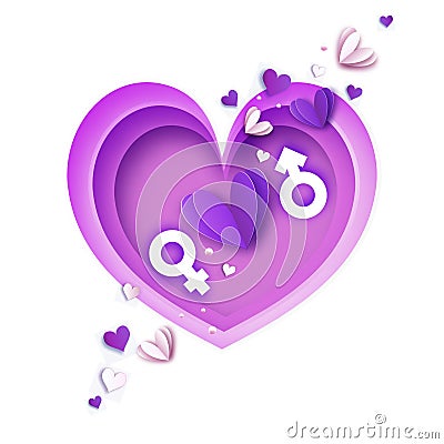 Female and male sex paper cut style, White Venus and Mars signs on layered circle background. Love purple heart Vector Illustration