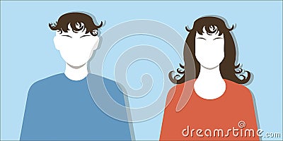 Female and male silhouettes face, red and blue clothing, black hairs on blue, vector Vector Illustration
