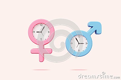 Female male symbol sex gender clock concept. husband and wife pink and blue. working time of lover married couple sexual. Stock Photo