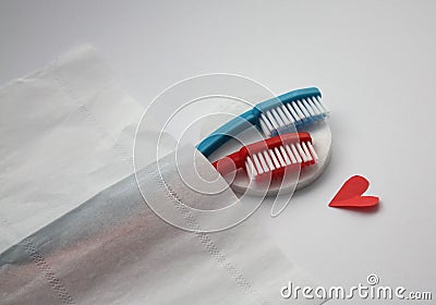 Female and male toothbrushes hugging in bed, visual metaphore of love Stock Photo