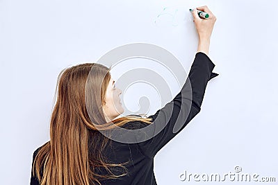 Female manager near the blackboard draws a graph. Stock Photo