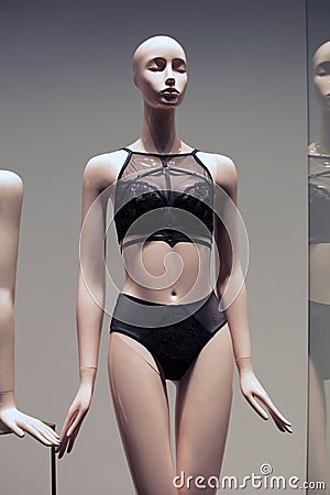 Female manic lingerie in a shop window in bra and panties. Stock Photo