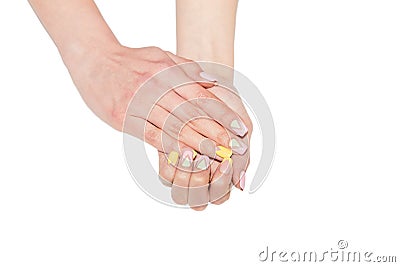 Female Manicure, women's hands on a white background Stock Photo