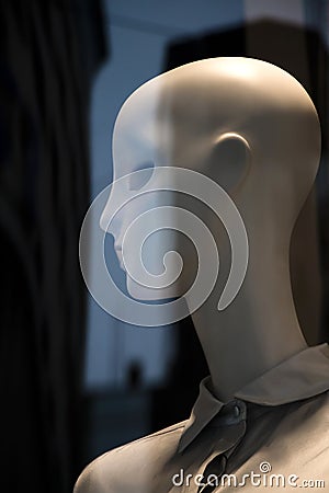 Female mannequin dol headl displayed n the shop window in the ni Stock Photo