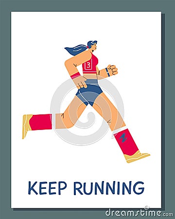 Female marathon runner, woman in sportswear jogging, marathon race vector sport poster, cartoon athlete number 3 Vector Illustration