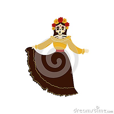 Female mariachi musician skeleton dancing and singing Vector Illustration