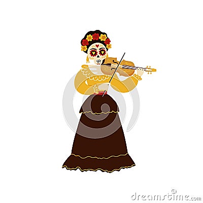 Female mariachi musician skeleton playing a violin Vector Illustration