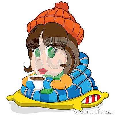 Female mascot, girl brunette long hair, dressed for winter or cold, drinking hot chocolate. Ideal for fashion materials Vector Illustration