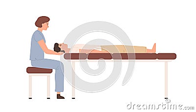 Female massagist or osteopath massaging neck area to male client vector flat illustration. Woman doctor or Vector Illustration