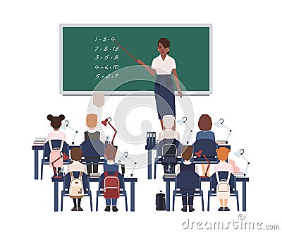 Female math teacher explaining summation to elementary school kids or pupils. Smiling african american woman teaching Vector Illustration