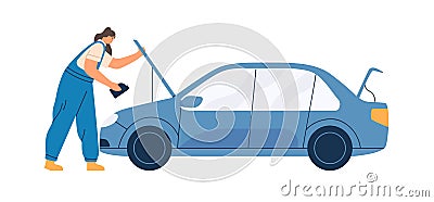 Female mechanic in overalls repairing car. Woman working in auto service, standing with oil canister near automobile Vector Illustration