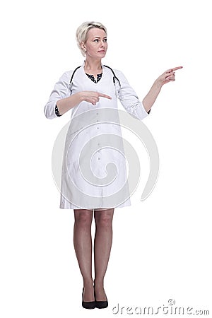female medic pointing somewhere to the side. Stock Photo