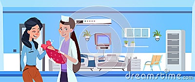 Female Medical Doctor Give Newborn To Happy Mother In Hospital Ward Vector Illustration