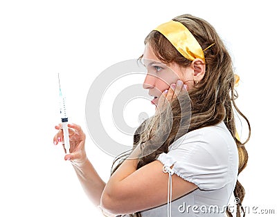 Female medical student is afraid to give an injection Stock Photo