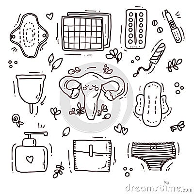 Female menstrual period protection vector illustration cute set. Vector Illustration