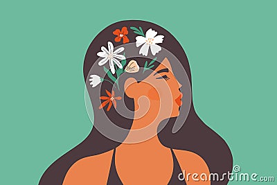 Female mental health concept, vector illustration of beautiful woman with flowers in head Vector Illustration