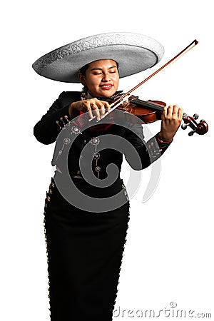 female mexican mariachi woman playing violin traditional mariachi girl suit on a pure white background. good looking latin Stock Photo