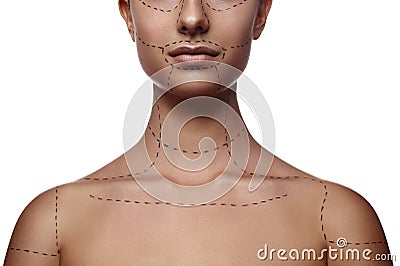 Female Model with dashed Line on Body and Face Stock Photo