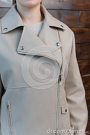 fashion female stylish beige portrait woman beauty leather young jacket style model Stock Photo