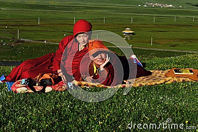 Female Monks in Tibet Editorial Stock Photo