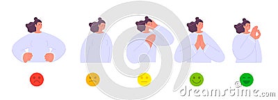 Female mood. Different moods of woman. Girl angry, sad, neutral and happy. Positive and negative emotions scale of adult Vector Illustration
