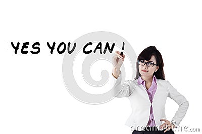 Female motivator writes advice words 2 Stock Photo