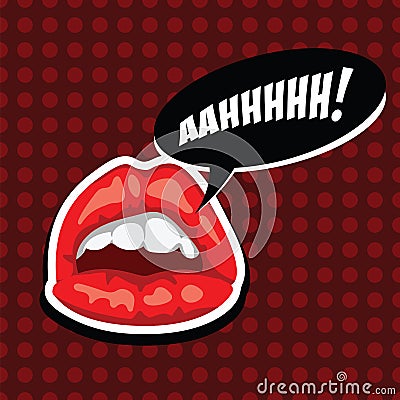 Female mouth with speech bubble. Red lips and comic speech bubble. Beautiful girl lips. Open mouth. American comics Cartoon Illustration