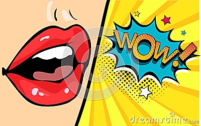 Female mouth with speech bubble wow. Vector illustration in pop art retro style. Vector Illustration