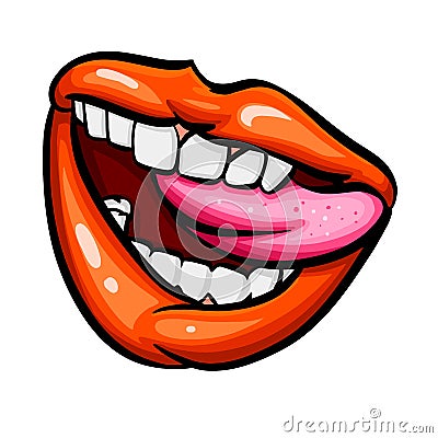 Female mouth with tongue licked his upper lip. Vector Illustration