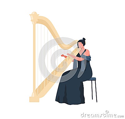 Female musician in dress playing harp, sitting on chair. Harpist performing classic melody on music string instrument Vector Illustration
