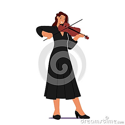 Female Musician Playing Violin on Scene. Girl in Long Dress with String Instrument Perform on Stage with Music Concert Vector Illustration