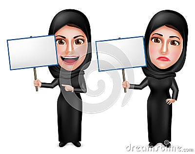 Female muslim arab vector characters holding white empty placard sign Vector Illustration