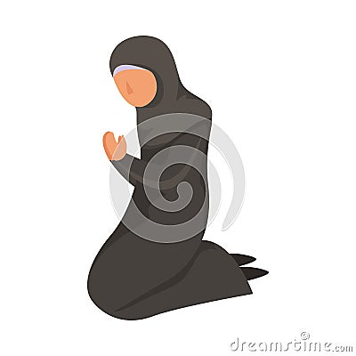 Female Muslim prays in a traditional ethnic black hijab. Vector illustration in flat cartoon style. Vector Illustration