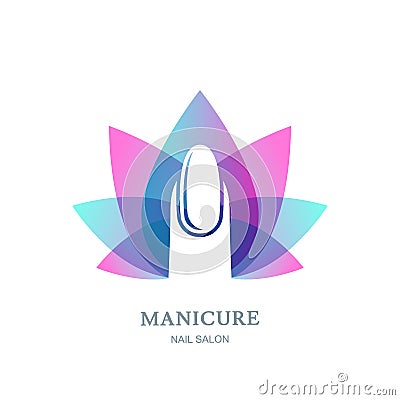 Female nail on purple lotus flower leaves background. Vector logo, label, emblem design element. Vector Illustration