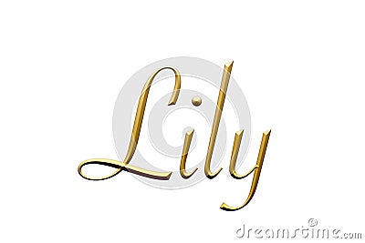 Lily - Female name . Gold 3D icon on white background. Decorative font. Template, signature logo. Stock Photo
