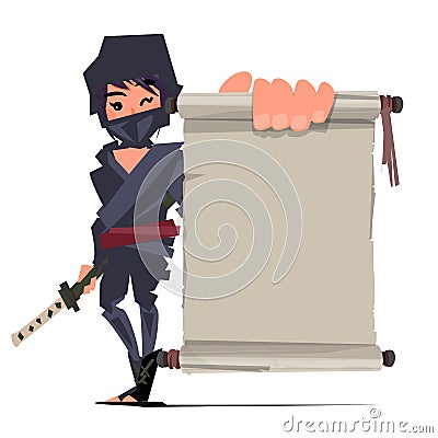Female ninja warrior showing old paper to presenting. ninja tech Cartoon Illustration