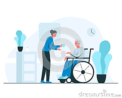 Female nurse giving glass of water to elderly man in a wheelchair. Vector concept illustration of young smiling nurse helping Cartoon Illustration