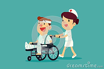 Nurse pushing injured man on wheelchair Vector Illustration