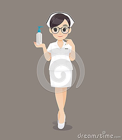 Female nurse holding hand washing gel Vector Illustration